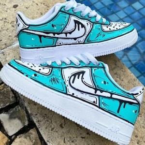 Air Force 1 Custom White Shoes Sneakers 'Aqua Pool Blue' Black Accents Graffiti Retro Mens Womens Kids Baby All Sizes Made to Order
