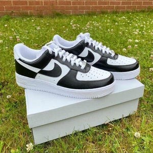 Air Force 1 Custom White Shoes Black Inverted Swooshes Panda Two Tone Casual Painted Sneakers Mens Womens Kids Baby All Sizes Made to Order