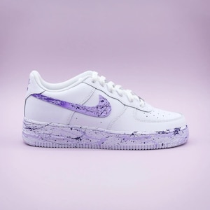Air Force 1 Custom White Shoes Lilac Light Purple Splatter Swoosh Retro Graffiti Art Mens Womens Kids Baby All Sizes Made to Order