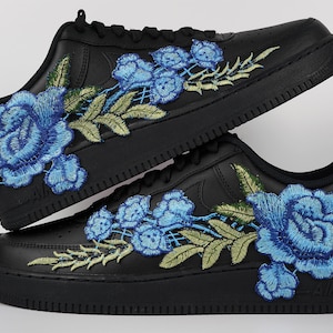 Air Force 1 Custom Low Blue Rose Flower Floral Black Shoes All Sizes Mens Womens & Kids AF1