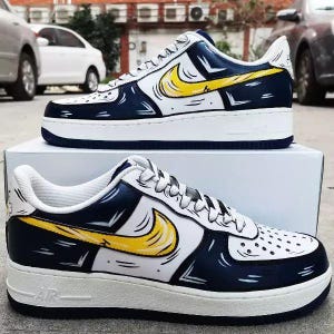 Air Force 1 Cartoon Custom White Shoes Navy Blue, Black & Yellow Art Sneakers Hand Painted Sneakers Mens Womens Kids Baby Made to Order AF1