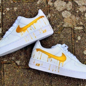 Air Force 1 Custom White Shoes Metallic Gold Drip Swooshes Hand Painted Sneakers Art Mens Womens Kids Baby All Sizes Made to Order AF1