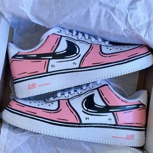 Air Force 1 Cartoon Custom White Shoes Pink & Black With White Accents Painted Sneakers Mens Womens Kids Baby All Sizes Made to Order
