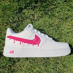 Air Force 1 Custom White Shoes Hot Pink Drip Swooshes Sneaker Art Mens Womens Kids Baby All Sizes Made to Order