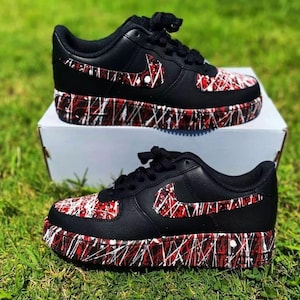 Air Force 1 Custom Black Shoes Retro Splatter Red & White Athletic Mens Sneakers Womens Kids Baby All Sizes Made to Order