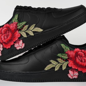 Nike Air Force 1 Custom Low Red Rose Flower Floral Design Black Shoes All Sizes Women's Men's & Kids