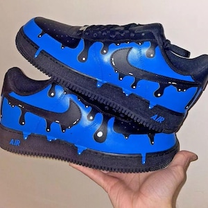 Air Force 1 Custom Cartoon Black Shoes Retro Blue Graffiti Art Black Drip Hand Painted Mens Womens Kids Baby All Sizes Made to Order