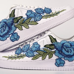 Nike Air Force 1 Custom Low Blue Rose Flower Floral Design White Shoes All Sizes Women&#39;s Men&#39;s & Kids