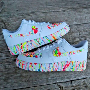 Air Force 1 Custom White Shoes Sneakers Explosive Neon Splatter Graffiti Effect Retro Painted Mens Womens Kids Baby All Sizes Made to Order