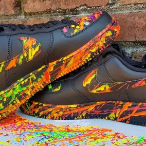 Air Force 1 Custom Black Shoes Retro Splatter Art Fall Leaves Autumn Neon Colors Orange Red Yellow Womens Kids Baby All Sizes Made to Order
