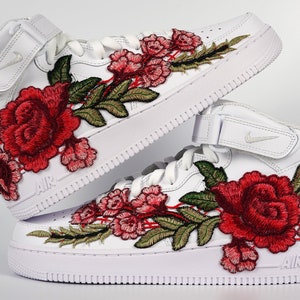 Nike Air Force 1 Custom Mid Shoes Rose Long Red Flower Floral White All Sizes Mens Womens & Kids