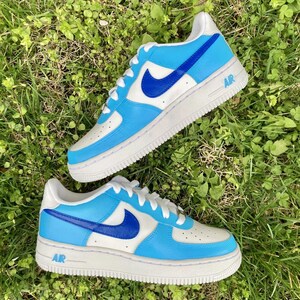 Air Force 1 Custom White Shoes Two Tone Blue Light Dark Retro Casual Sneakers Painted Sneakers Mens Womens Kid Baby All Sizes Made to Order