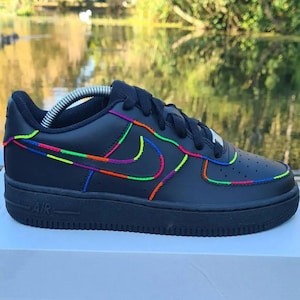 Air Force 1 Custom Black Shoes Retro Neon Outline Multicolor Lines Graffiti Art Mens Sneakers Womens Kids Baby All Sizes Made to Order