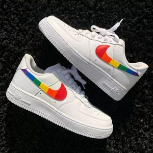 Air Force 1 Custom White Shoes  Rainbow Pride Swoosh Red Orange Yellow Green Painted Sneakers Mens Womens Kids Sizes Made to Order
