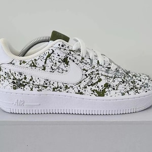 Air Force 1 Custom White Shoes "Camo Military Army Green Splatter" Painted Sneakers Mens Womens Kids Baby All Sizes Made to Order