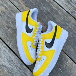 Air Force 1 Custom White Shoes Black & Yellow Pittsburgh Colors Painted Sneakers Mens Womens Kids Baby All Sizes Made to Order