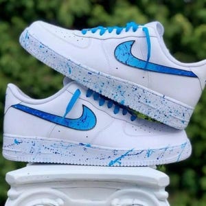 Air Force 1 Custom White Shoes Sneakers "Light Dark Blue Laces Outline Splatter" Retro Painted Mens Womens Kid Baby All Sizes Made to Order