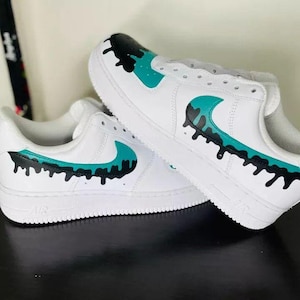 Air Force 1 Custom White Shoes Teal Blue & Black Drip Swooshes Retro Graffiti Art Mens Womens Kids Baby All Sizes Made to Order