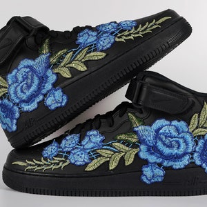 Nike Air Force 1 Custom Mid Blue Long Rose Flower Floral Black Shoes All Sizes Mens Womens & Kids