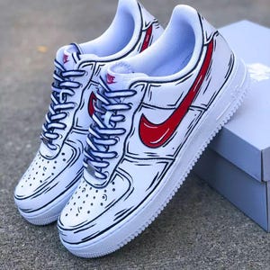 Air Force 1 Cartoon Custom White Shoes Red Shoes Swoosh Black Outline Painted Sneakers Mens Womens Kids Baby All Sizes Made to Order