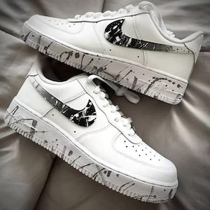 Air Force 1 Custom White Shoes Ombre Monochrome Black Gray Splatter Dark Art Graffiti Retro Mens Womens Kids Baby All Sizes Made to Order