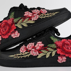 Nike Air Force 1 Custom Low Red Rose Flower Floral Design Black Shoes All Sizes Women&#39;s Men&#39;s & Kids