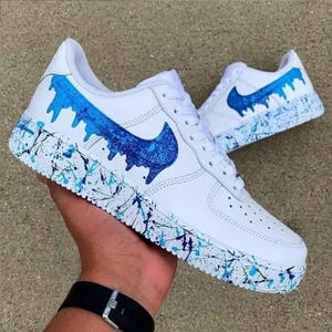 Air Force 1 Custom White Shoes 'Blue Gradient Drip Splatter' Mens Womens Kids Baby All Sizes Made to Order