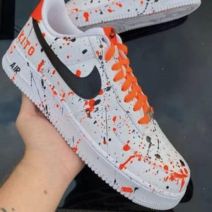 Air Force 1 Custom White Shoes Halloween Neon Orange Laces Black Swoosh Splash Sneaker Art Mens Womens Kids Baby All Sizes Made to Order AF1