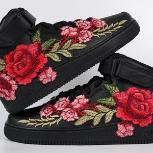 Nike Air Force 1 Custom Mid Shoes Rose Long Red Flower Floral Black All Sizes Mens Womens & Kids