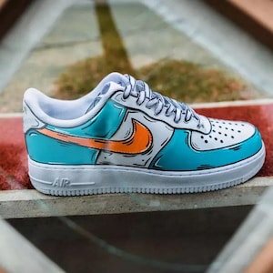 Air Force 1 Cartoon Custom White Shoes Orange Teal Black Outline Retro Graffiti Painted Sneakers Men Womens Kid Baby All Sizes Made to Order