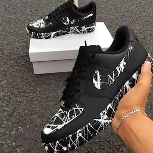 Air Force 1 Custom Black Shoes Hand Painted Sneakers White Line Splatter Mens Womens Kids All Sizes Made to Order