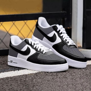 Air Force 1 Custom White Shoes Black White Gray Monochrome Shadow Painted Sneakers Mens Womens Kids Baby All Sizes Made to Order