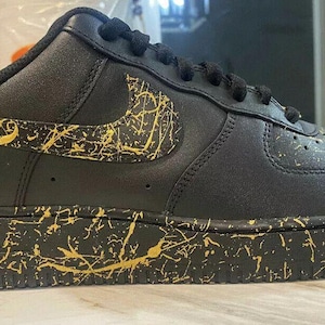 Air Force 1 Custom Black Shoes Retro Black & Gold Metallic Splatter Swoosh Mens Womens Kids Baby All Sizes Made to Order
