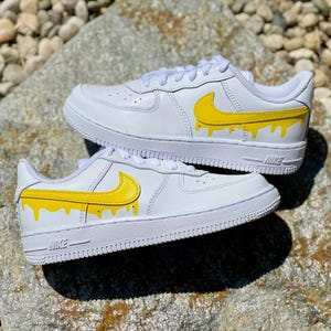 Air Force 1 Custom White Shoes Sun Yellow Drip Swooshes Sneakers Art Mens Womens Kids Baby All Sizes Made to Order