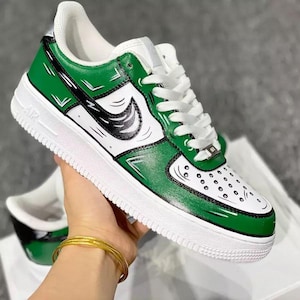 Air Force 1 Cartoon Custom White Shoes Green Sketch Outline Black Swooshes Art Sneakers Painted Sneakers Mens Womens Kids Baby Made to Order
