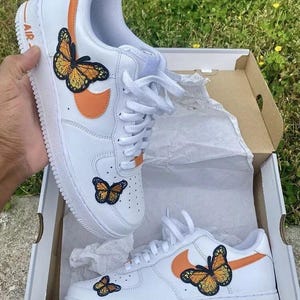 Air Force 1 Custom Butterfly Low White Shoes Orange Swooshes Monarch Butterflies Retro Art Sneakers Mens Womens Kids Baby Made to Order
