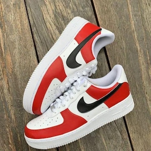 Air Force 1 Custom Low Shoes Chicago Red & White Black Swooshes Hand Painted Retro Sneakers Mens Womens Kids Baby All Sizes Made to Order