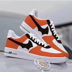 Air Force 1 Custom Low White Shoes 'Bat Halloween Swoosh' Orange Black Hand Painted Retro Sneakers Mens Womens Kids Baby Made to Order