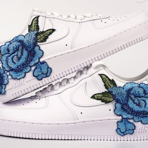 Nike Air Force 1 Custom Low Blue Rose Flower Floral Design White Shoes All Sizes Women&#39;s Men&#39;s & Kids