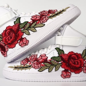Nike Air Force 1 Custom High Shoes Rose Red Long Flower Floral White All Sizes Mens Womens & Kids