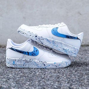 Air Force 1 Custom White Shoes Light Dark Blue Splatter Swoosh Painted Sneakers Mens Womens Kids Baby All Sizes Made to Order