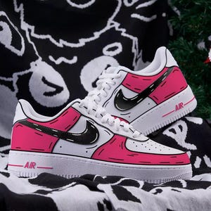 Air Force 1 Cartoon Custom White Shoes Cartoon Hot Pink Pop Outline Black Swoosh Sneakers Painted Sneakers Mens Womens Kids Made to Order