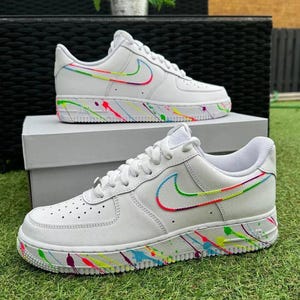 Air Force 1 Custom White Shoes Colorful Rainbow Neon Outline & Splatter Art Effect Hand Painted Mens Womens Kids Baby Made to Order