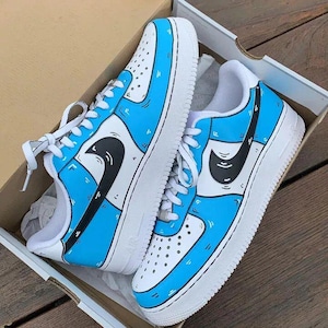 Air Force 1 Cartoon Custom White Shoes Light Blue Outline Retro Black Swoosh Painted Sneakers Mens Womens Kids Baby All Sizes Made to Order