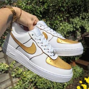 Air Force 1 Custom White Shoes "Metallic Gold Bronze Outline" Painted Sneaker Art Mens Womens Kids Baby All Sizes Made to Order
