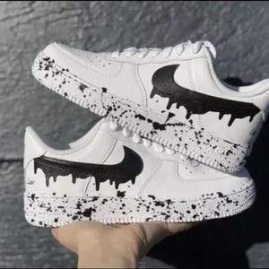 Air Force 1 Custom White Shoes Black Drip Splatter Splash Swoosh Sneakers Art Mens Womens Kids Baby All Sizes Made to Order AF1
