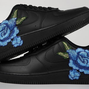 Nike Air Force 1 Custom Low Blue Rose Flower Floral Design Black Shoes All Sizes Women&#39;s Men&#39;s & Kids