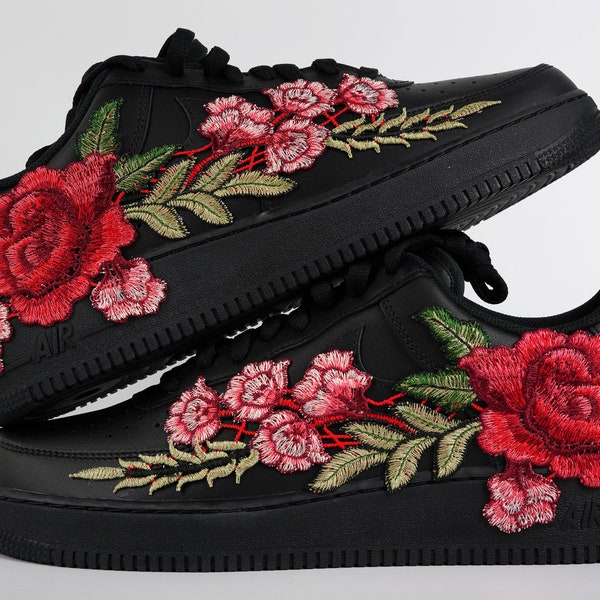 Nike Air Force 1 Custom Low Red Rose Flower Floral Design Black Shoes All Sizes Women's Men's & Kids