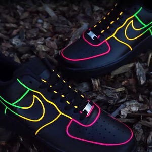 Air Force 1 Custom Black Shoes Neon Outline Sneakers Blue Green Yellow  Mens Womens Kids Baby All Sizes Made to Order