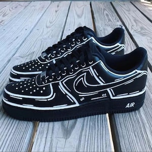 Air Force 1 Cartoon Custom Black Shoes "Bold White Chalk" Retro Graffiti Outline Mens Womens Kids Baby All Sizes Made to Order